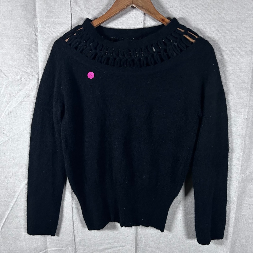J Peterman Black 100% Cashmere Sweater Womens Large Lattice Crochet Neck RN77608